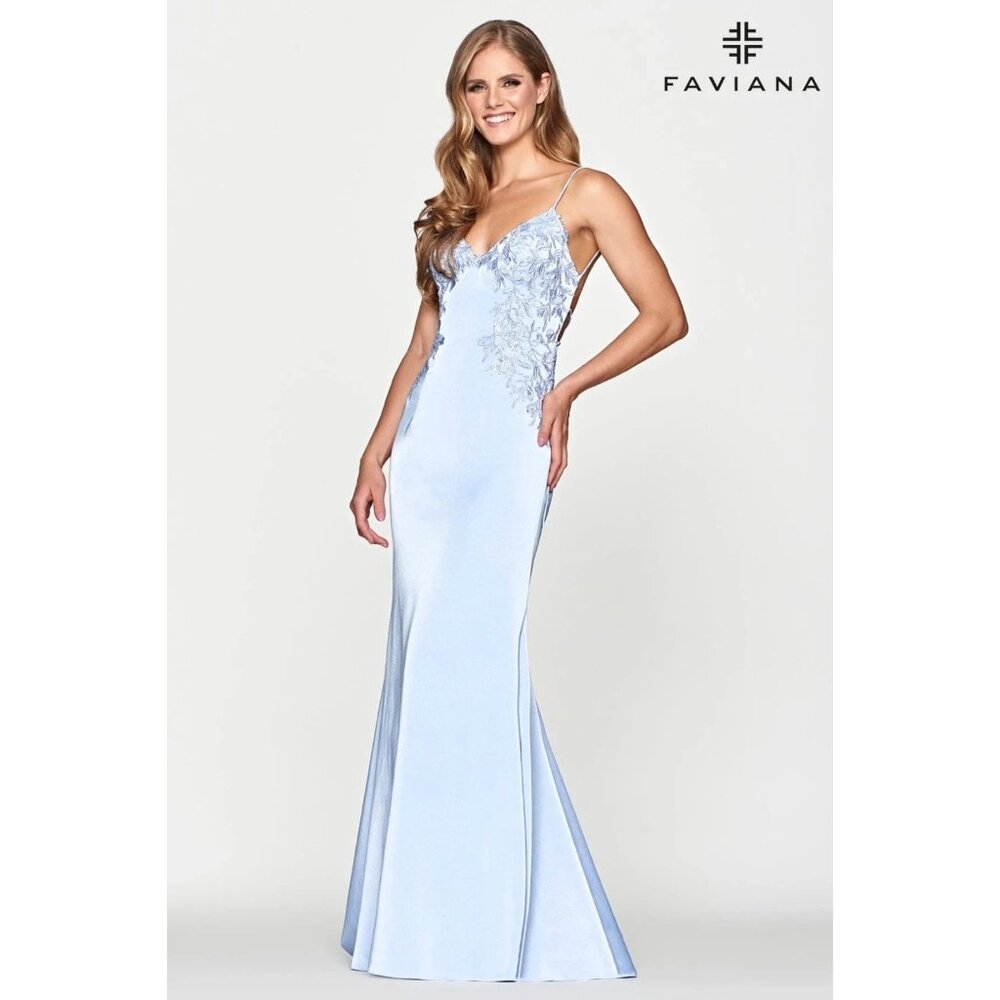 Faviana LT10641 Peri Blue Long Gown Formal Dress Lace Embroidered 6 NEW $478 - Picture 2 of 11
